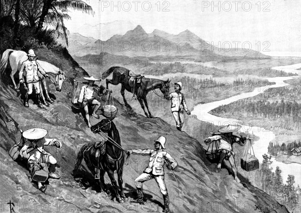 Sketches in Formosa: a hazardous descent, 1890. Creator: H. F. Davey.