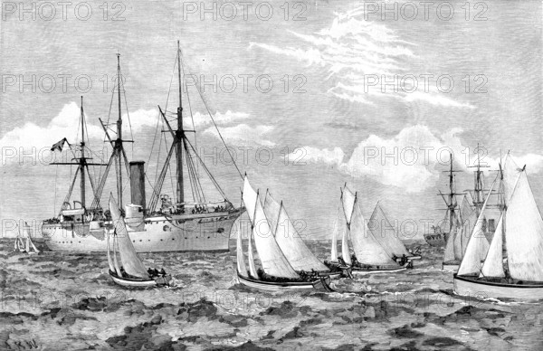 Regatta at Zanzibar - sailing pinnace race: rounding H.M.S. Brisk, 1890. Creator: Unknown.