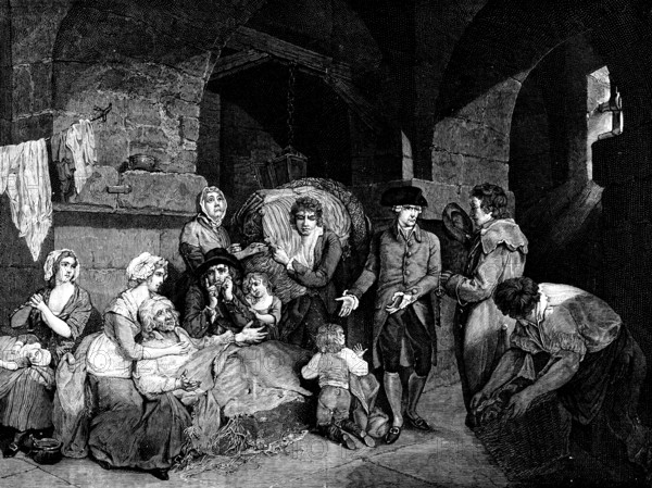 Centenary of John Howard, Prison Reformer: John Howard visiting an English prison, (1890). Creator: Unknown.