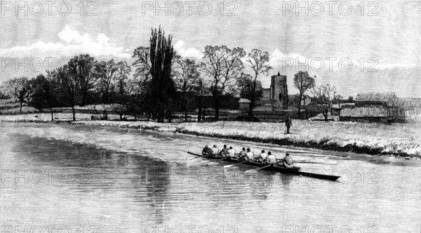 Oxford and Cambridge Universities’ Boat-Race - Cambridge crew at practice: last row on the Cam, 1890 Creator: Unknown.