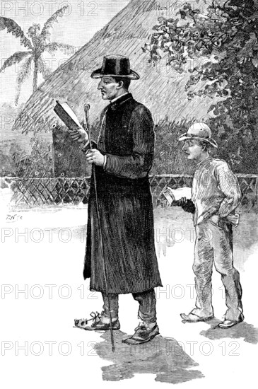 Portuguese in East Africa: padre and pupil, Island of Chilvane. sketch by Mr. Wallis Mackay, 1890. Creator: P. N..