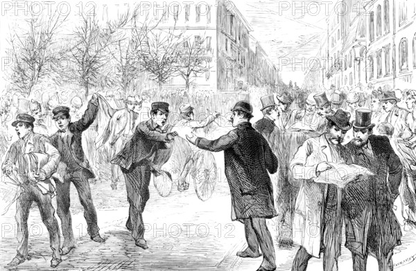 Excitement in the streets of Berlin at the news of Prince Bismarck’s resignation, 1890. Creator: P Naumann.