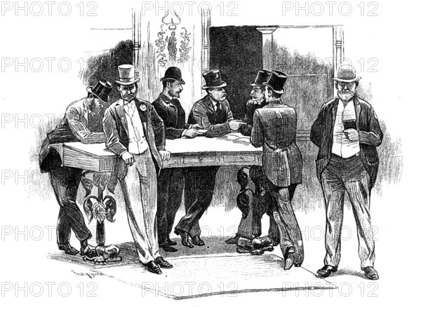 The Colliery Strike and the London Coal Exchange: doing business at the desks, 1890. Creator: Unknown.