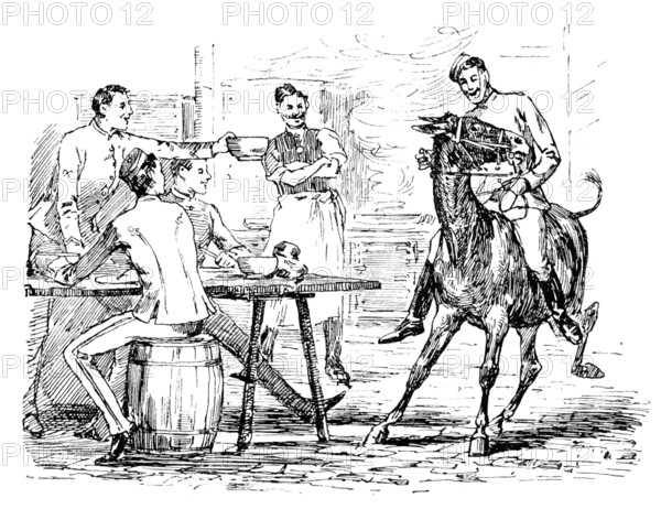 The Easter Volunteer Manoeuvres: the transport mule comes to tea with us in the cook house, 1890. Creator: Unknown.