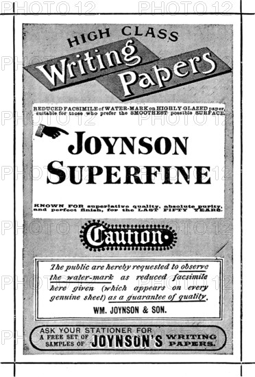 Advertisement for Joynson Superfine High Class Writing Papers, 1890. Creator: Unknown.