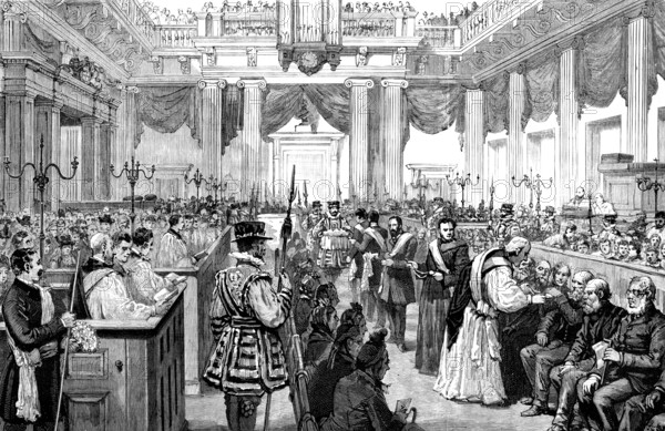 Maundy Thursday Royal Gifts at the Chapel Royal, Whitehall, 1890. Creator: Unknown.