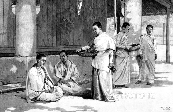 Sketches in Burmah: a Buddhist monastery - Burmese nuns or female servants of the pagodas, 1890. Creator: Unknown.