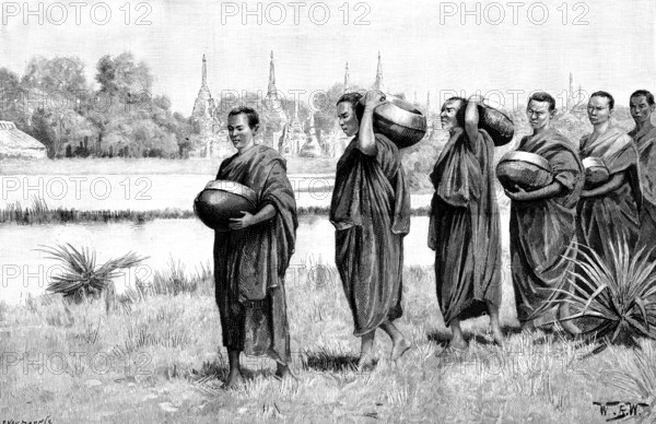 Sketches in Burmah: Buddhist monastery - Phoongyees...with alms begged for their morning meal, 1890. Creator: P Naumann.