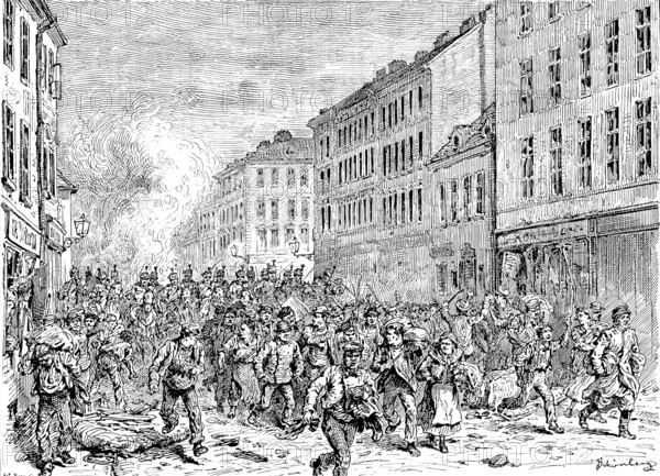 The Riots in Vienna: Hussars chasing mob in the Lerchenfelder-Strasse, 1890. Creator: Unknown.