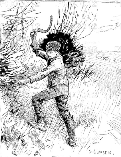 Royal Society of Painters in Water Colours: "Boy Trimming a Hedge" - G. Clausen, 1890.  Creator: Unknown.