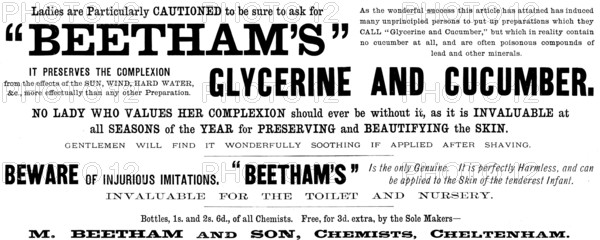 Advertisement for "Beetham’s" Glycerine and Cucumber, 1890. Creator: Unknown.