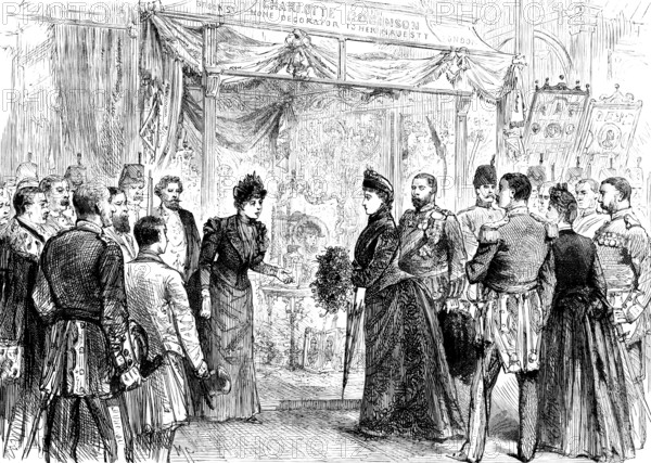 The Duchess of Edinburgh visiting a stall in the Edinburgh International Exhibition, 1890. Creator: Unknown.
