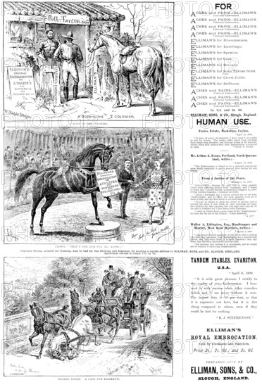 Advertisements for Elliman’s Universal Embrocation, 1890. Creator: William Stanfield Sturgess.