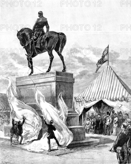 The Queen unveiling the equestrian statue of the Prince Consort...in Windsor Park, 1890. Creator: R. Taylor.