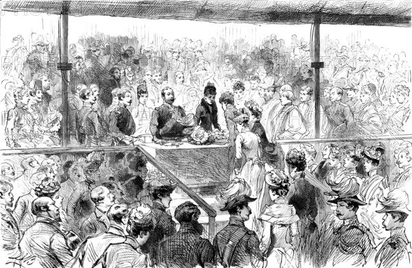 Opening of the Royal Military Exhibition: the Princess of Wales receiving purses..., 1890. Creator: Unknown.