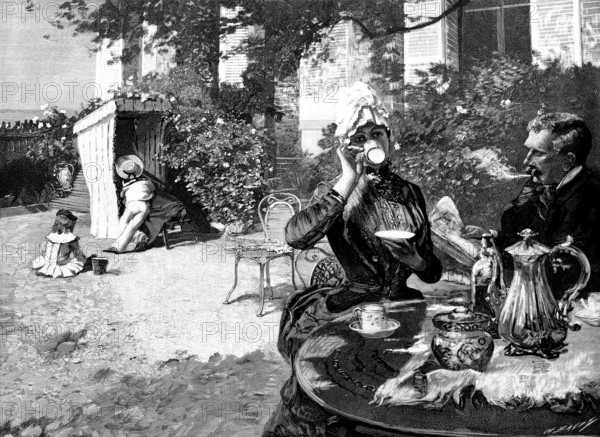 Coffee on the Terrace, picture by Duez, in the New Salon, Paris, 1890.  Creator: Charles Baude.