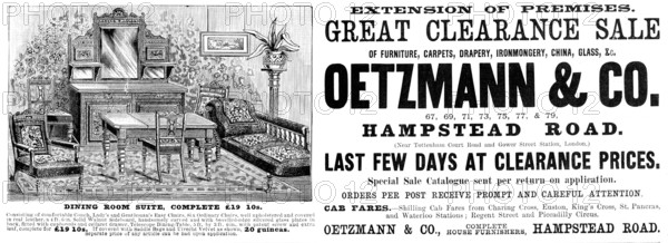 Advertisement for Oetzmann & Co. Great Clearance Sale, 1890. Creator: Unknown.