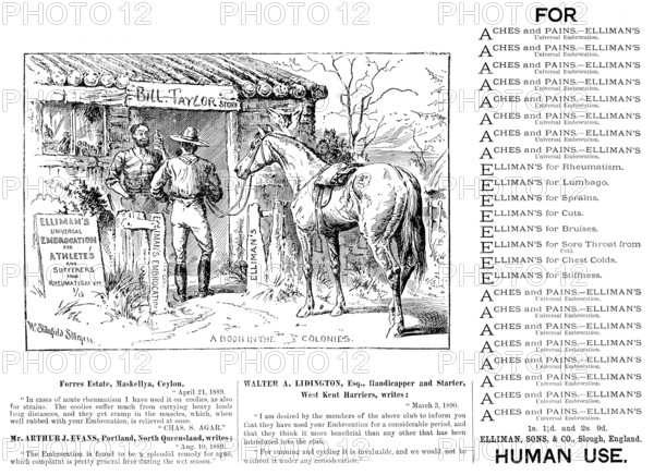 Advertisement for Elliman’s Universal Embrocation, 1890. Creator: William Stanfield Sturgess.