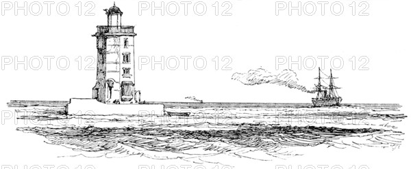 The Daedalus Lighthouse in the Red Sea, the scene of the wreck of the Dacca, 1890. Creator: Carl Hentschel.