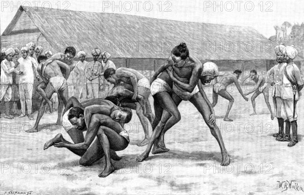 Sketches of the Military Police of Burmah: wrestling-match in camp, 1890. Creator: P Naumann.