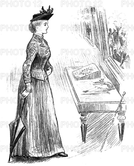 Sketches at the Royal Military Exhibition: looking at a battle picture, 1890. Creator: Unknown.