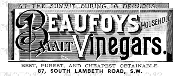 Advertisement for Beaufoys Household Malt Vinegars, 1890. Creator: Unknown.
