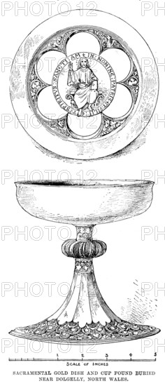 Sacramental gold dish and cup found buried near Dolgelly, North Wales, 1890. Creator: Unknown.