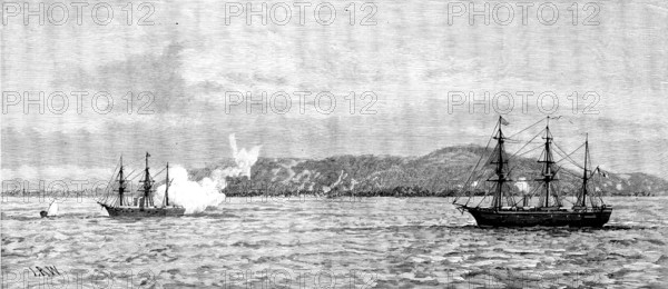 The Germans in East Africa - the Corvette Carola shelling Kilwa Kivinje, May 1., 1890. Creator: Josiah Robert Wells.