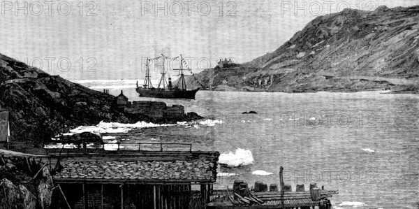 Sketches in Newfoundland: drying stages, with cod-fish, in April: arrival of a new governor, 1890. Creator: Unknown.