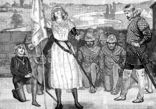 Sarah Bernhardt as Joan of Arc, at Her Majesty’s Theatre, 1890. Creator: P Naumann.