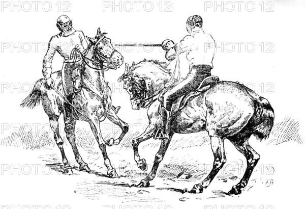 Sketches at the Royal Military Tournament...: fencing on horseback, 1890. Creator: Unknown.