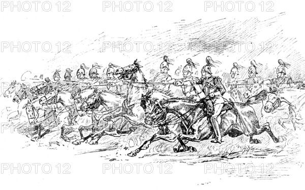 Sketches at the Royal Military Tournament...: charge of 1st Life Guards, 1890. Creator: Unknown.