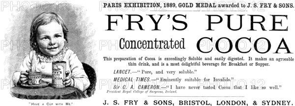 Advertisement for Fry's Pure Concentrated Cocoa, 1890. Creator: Unknown.