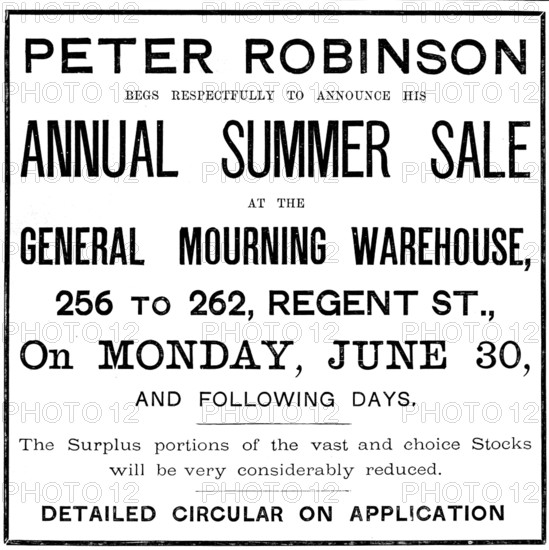 Advertisement for Peter Robinson Annual Summer Sale, 1890. Creator: Unknown.