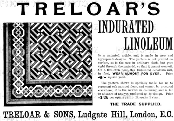 Advertisement for Treloar's Indurated Linoleum, 1895. Creator: Unknown.