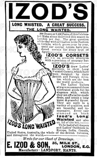 Advertisement for Izod's long-waisted corsets, 1895. Creator: Unknown.