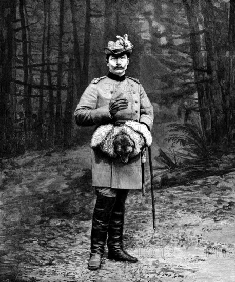 His Imperial Majesty the German Emperor in hunting costume, 1895. Creator: P Naumann.