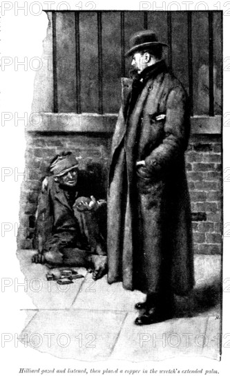 Eve's Ransom: Hilliard gazed..., then placed a copper in the wretch's extended palm, 1895. Creator: George Meisenbach.