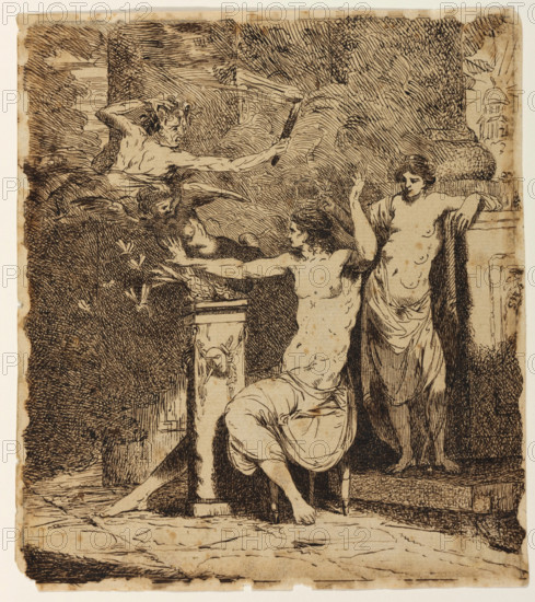 Nature, Leaning on the Sarcophagus of Shakespeare, Crowns Genius, 1773. Creator: John Hamilton Mortimer.