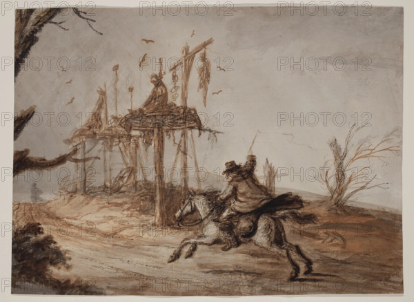 Horseman in a Landscape of Hanged and Gibbeted Men, c1800. Creator: Henry William Bunbury.