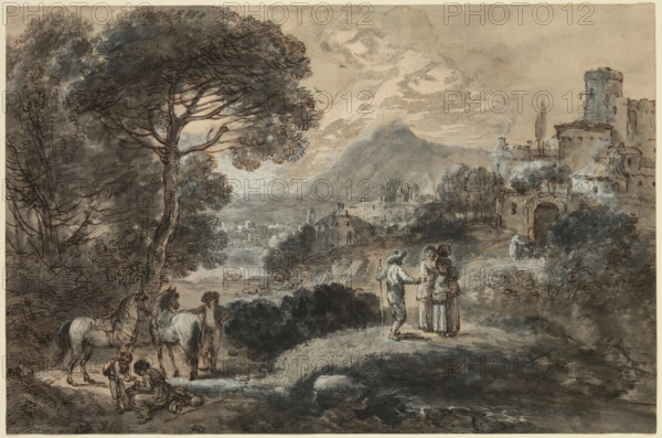 A Landscape with Horses, Peasants and a Hill Town, 18th century. Creator: Francesco Zuccarelli.