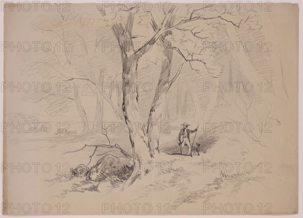 Man and Dog in the Woods, 19th century. Creator: John William Casilear.