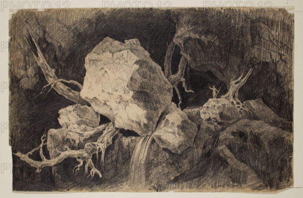 Hunter Standing in Cave near Rock and Waterfall, c1828. Creator: Thomas Cole.