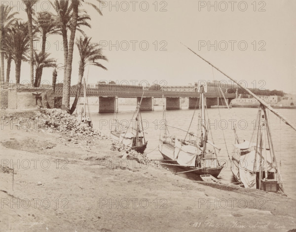 Kasr-en-Nil Bridge Looking East over the Nile, 19th century. Creator: Zangaki.