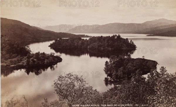 Ellen's Isle from above the Silver Strand, Loch Katrine, between 1870 and 1880. Creator: George Washington Wilson.