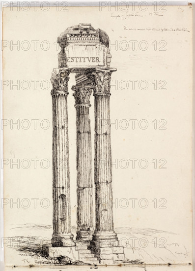 Temple of Vespasian, Called the Temple of Jupiter Tonans, Roman, Forum, c1831. Creator: Thomas Cole.