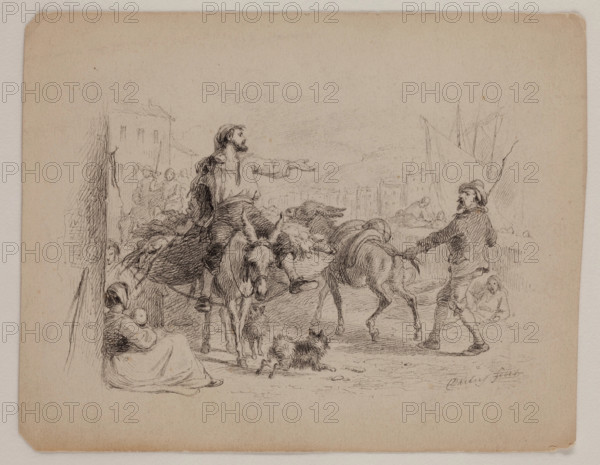 Three Figures, Two Donkeys, Two Dogs, late 19th century. Creator: Felix Octavius Carr Darley.