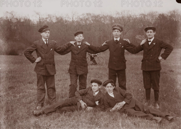 Untitled (six boys and boy with bicycle in background, neg. #22), between 1910 & 1935, printed c1975 Creator: Wendell Hotter.