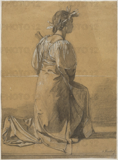 Kneeling Female Figure with Mandolin and Crowned with a Laurel Wreath, between 1857 and 1859. Creator: Anselm Friedrich Feuerbach.