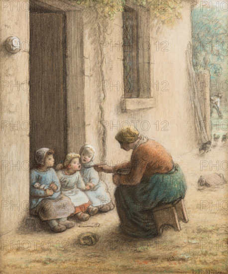 Mother Feeding Her Children, between 1814 and 1875. Creator: Jean Francois Millet.